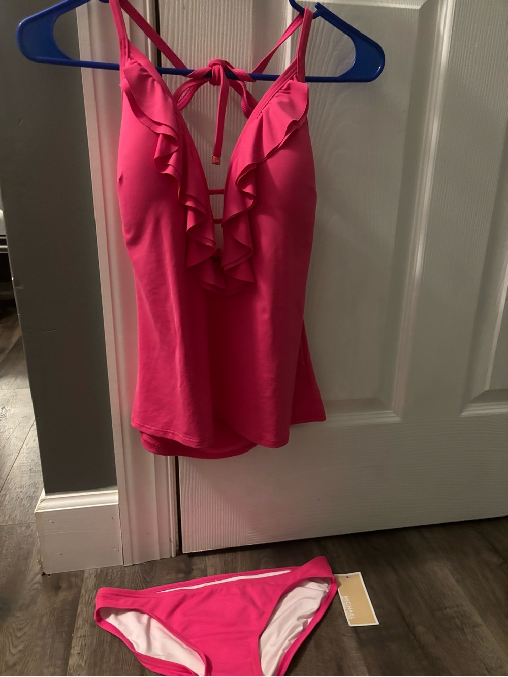 Michael Kors Hot Pink Ruffle V-Neck Tankini Top with Matching Bikini Bottom